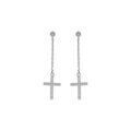Boucles d'oreille en argent rhodi&eacute; avec cha&icirc;nette et croix avec oxydes blancs sertis 17x10mm et fermoir poussette