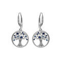 Boucles d'oreille en argent rhodi&eacute; anneau avec arbre de vie contour perl&eacute; et oxydes tons bleu fermoir crochet