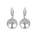 Boucles d'oreille en argent rhodi&eacute; anneau avec arbre de vie contour perl&eacute; et oxydes tons violet fermoir crochet Artemare