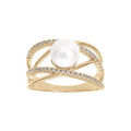 Bague en plaqu&eacute; or brins rois&eacute;s oxydes blancs sertis et perle blanche d'eau douce