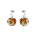 Boucles d'oreille en argent rhodi&eacute; pastille 10mm Murano v&eacute;ritable bor&eacute;ale orange et dor&eacute; avec des touches de rouge