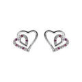 Boucles d'oreille tige en argent rhodi&eacute; double coeur 10mm contour oxydes rose et blancs Artemare