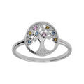 Bagues sur Artemare : Bague en argent rhodi&eacute; motif arbre de vie contour perl&eacute; d'oxydes multicolore