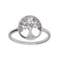 Bague en argent rhodi&eacute; motif arbre de vie contour perl&eacute; d'oxydes roses