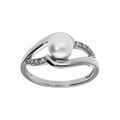 Bague en argent platin&eacute; avec perle de culture d'eau douce avec deux bandes d'oxydes blancs sertis Artemare