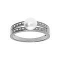Bague en argent rhodi&eacute; perle de culture d'eau douce avec 2 rangs d'oxydes blancs sertis Artemare