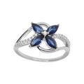 Bagues sur Artemare : Bague en argent rhodi&eacute; crois&eacute;e d'oxydes blancs serti et fleur verre bleu fonc&eacute;
