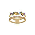 Bague plaqu&eacute; or double rang avec oxydes violet bleu et jaune