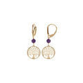 Boucles d'oreille dormeuse argent dor&eacute; jaune arbre de vie 15mm et boule jade violette v&eacute;ritable
