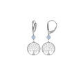 Boucles d'oreille dormeuse argent rhodi&eacute; arbre de vie 15mm et boule jade bleu ciel v&eacute;ritable