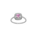 Bague en argent rhodi&eacute; avec oxyde carr&eacute; rose central et contour d'oxydes blancs