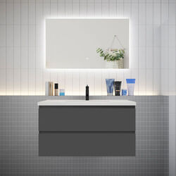 AICA SANITAIRE Meuble de salle de bain à deux tiroirs avec lavabo et miroir LED antibuée - anthracite L.100cm suspendu