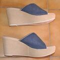 Mules femme sur Grenoble : Mules Pitillos Mule Compens&eacute;e Pitillos Cuir Bleu Marine Beige Dor&eacute; 36 Etat Neuf Bleu