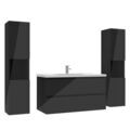 AICA SANITAIRE AICA ensemble meuble salle de bain 100 cm noir brillant avec 2 tiroirs à fermeture automatique, lavabo céramique simple + colonne haute x2, suspendu