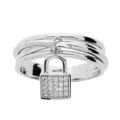 Bague en argent rhodi&eacute; massif anneaux avec pampille cadenas Artemare