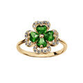 Bague en vermeil motif tr&egrave;fle et pierres vertes entourage oxydes blancs sertis
