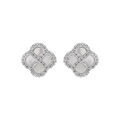 Boucles d'oreille tige en argent rhodi&eacute; tr&egrave;fle agate blanche v&eacute;ritable avec contour d'oxydes blancs