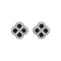 Boucles d'oreille tige en argent rhodi&eacute; tr&egrave;fle agate noir v&eacute;ritable avec contour d'oxydes blancs