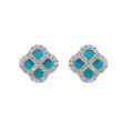 Boucles d'oreille tige en argent rhodi&eacute; tr&egrave;fle agate bleu turquoise v&eacute;ritable avec contour d'oxydes blancs Artemare