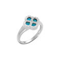 Bague en argent rhodi&eacute; tr&egrave;fle agate v&eacute;ritable bleu turquoise, contour d'oxydes blancs Artemare
