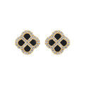 Boucles d'oreille tige en argent dor&eacute; tr&egrave;fle agate noir v&eacute;ritable avec contour d'oxydes blancs