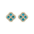 Boucles d'oreille tige en argent dor&eacute; tr&egrave;fle turquoise imitation avec contour d'oxydes blancs Artemare