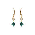 Boucles d'oreille crochet en argent dor&eacute; tr&egrave;fle en verre vert malachite imitation et fleurs oxydes blancs