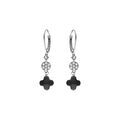 Boucles d'oreille crochet en argent rhodi&eacute; tr&egrave;fle en verre noir et fleurs oxydes blancs Artemare
