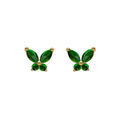 Boucles d'oreille tige en argent dor&eacute; papillon oxydes vert fonc&eacute; sertis