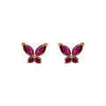 Boucles d'oreille tige en argent dor&eacute;, papillon oxydes fushia sertis Artemare