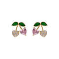 Boucles d'oreille tige en argent rhodi&eacute; cerise oxydes forme coeur rose et verts