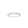 Bagues sur Artemare : Bague en argent rhodi&eacute;, au centre perle blanche imitation,rail avec oxydes blancs sertis