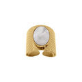 Bague ajustable en acier dor&eacute; plateau oval nacre blanche imitation
