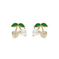 Boucles d'oreille tige en argent dor&eacute; cerise oxydes en forme coeur blancs et verts
