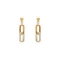 Boucles d'oreille tige en argent dor&eacute; pendante 2 rectangles entrelac&eacute;s un lisse et un avec oxydes blancs sertis
