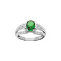 Bague en argent rhodi&eacute; grand diam&egrave;tre, un oxyde central vert et trois rails d'oxydes blancs sertis