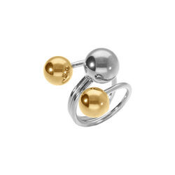 Bague r&eacute;glable en acier bicolore trois boules