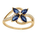 Bague crois&eacute;e en vermeil avec oxydes blancs sertis et fleur verre bleu fonc&eacute; Artemare