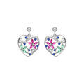 Boucles d'oreille sur Artemare : Boucles d'oreille tige en argent rhodi&eacute; coeur avec fleurs d'oxydes multi couleurs