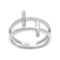 Bague en argent rhodi&eacute; deux rangs croix 1 lisse et 1 avec des oxydes blancs sertis