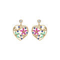 Boucles d'oreille tige en plaqu&eacute; or coeur avec fleurs d'oxydes multi couleurs Artemare