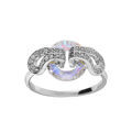 Bague en argent rhodi&eacute; avec cercle verre facet&eacute; blanc et volute d'oxydes blancs sertis Artemare