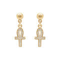 Boucles d'oreille tige en plaqu&eacute; or pendante avec croix d'oxydes blancs - 15mm x 0.7mm