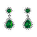 Boucles d'oreille tige en argent rhodi&eacute; pendentif goutte d'oxydes vert et contour d'oxydes blancs sertis