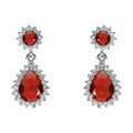 Boucles d'oreille tige en argent rhodi&eacute; pendentif goutte d'oxydes rouge et contour d'oxydes blancs sertis