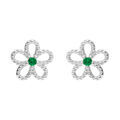 Boucles d'oreille tige en argent rhodi&eacute; fleur ajour&eacute;e par&eacute;e d'oxydes blancs et oxyde vert central