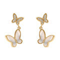 Boucles d'oreille tige en plaqu&eacute; or pendantes double papillon de nacre blanche v&eacute;ritable et d'oxydes blancs Artemare