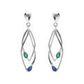 Boucles d'oreille tige en argent rhodi&eacute; deux losanges entrelac&eacute;s avec oxydes bleu et vert serti Artemare