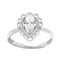 Bague en argent rhodi&eacute; forme goutte avec oxydes blancs sertis et contour dentell&eacute;