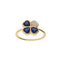Bague en vermeil motif tr&egrave;fle &agrave; quatre feuilles forme coeur 10mm dont trois sertis d'oxydes bleus et un d'oxydes blancs
